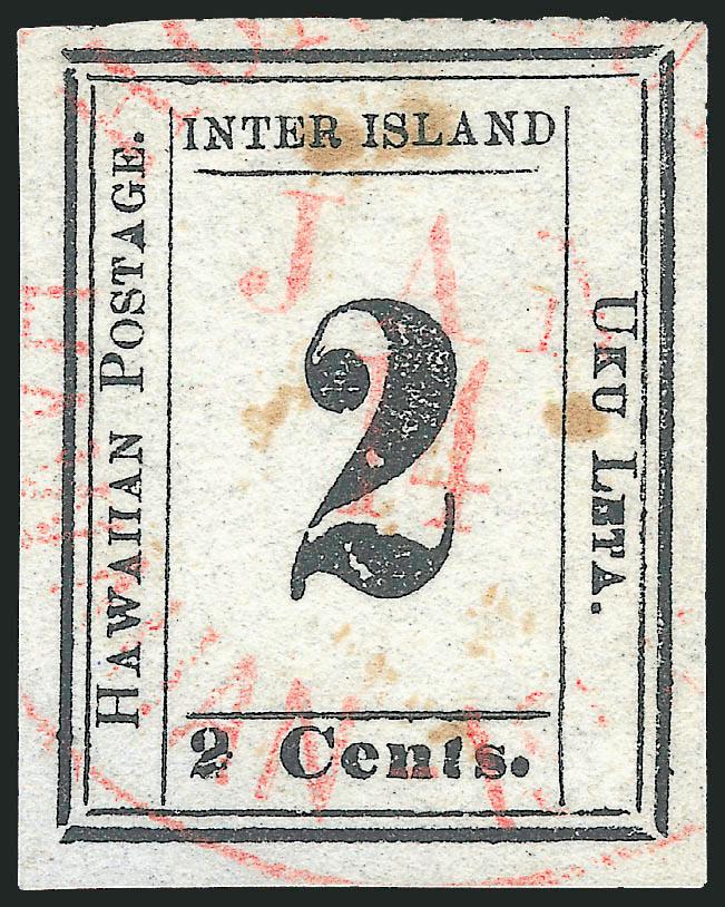 HAWAII, 1864, 2c Black (20).> Plate 5-C, Type X (Westerberg Position 10), large margins, bright shade, light strike of <red Honolulu circular datestamp,> two pinholes and two stain spots, otherwise Very Fine,
scarce in used condition and desirable wi