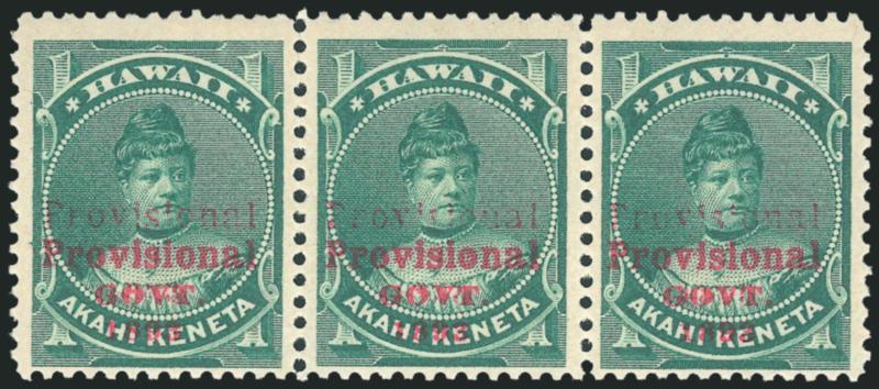 HAWAII, 1893, 1c Green, Category III Double Overprint (55f).> Strip of three, strong second overprint much better than the light or weak strength criteria for Category III, right stamp <Mint N.H.,> middle
stamp h.r., strong color, Very Fine, with 1