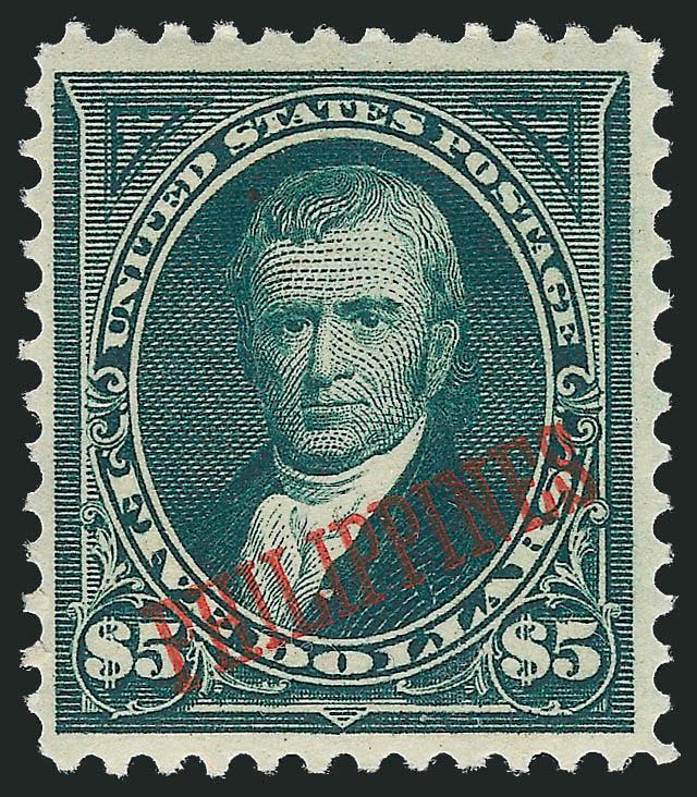 PHILIPPINES, 1901, $1.00-$5.00 Overprints (223, 224-225).> $1.00 and $2.00 disturbed original gum, $1.00 reperfed, $2.00 slight perf toning, appear Fine