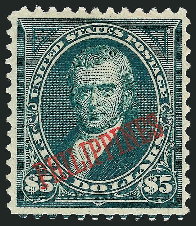 PHILIPPINES, 1901, $2.00 Dark Blue, $5.00 Dark Green (224-225).> $5.00 with guide line at bottom, Very Fine, only 782 issued, with 1987 P.F. certificate $2.00 exceptional margins and centering, pencil mark on
back, few trivial perf flaws, otherwise