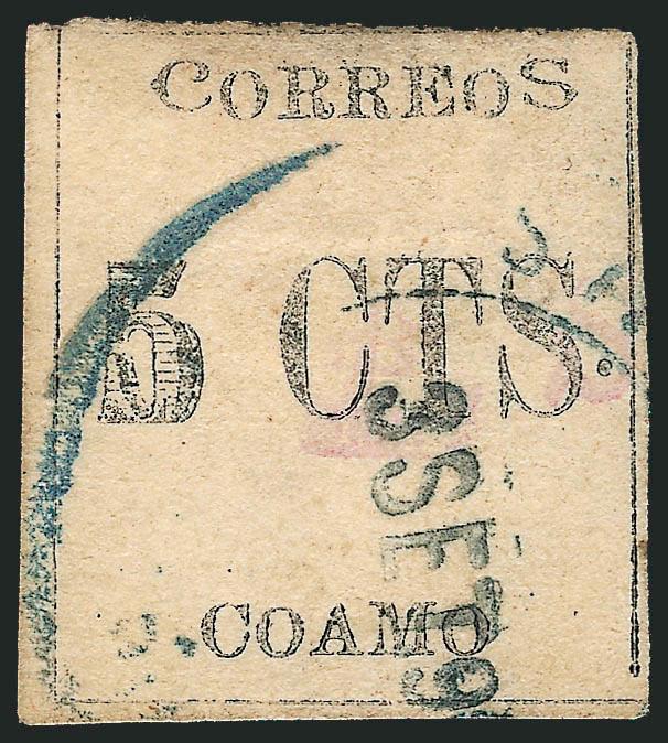 PUERTO RICO, 1898, 5c Black, Coamo Provisional (201).> Ty. III, pos. 6, margins three sides, basically clear at top, slightly light impression, F. Santiago violet control handstamp (very light as usual),
unidentifiable Puerto Rican blue circular