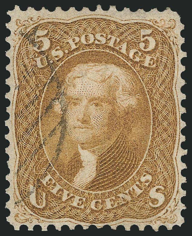 1c Blue, Ty. II, 5c Buff (7, 67).> First with large margins, rich color, blue circular datestamp cancel, Very Fine and choice, with 2010 P.S.E. certificate (VF-XF 85 SMQ $245.00), second well-centered, part of
large Paid grid cancel struck off to