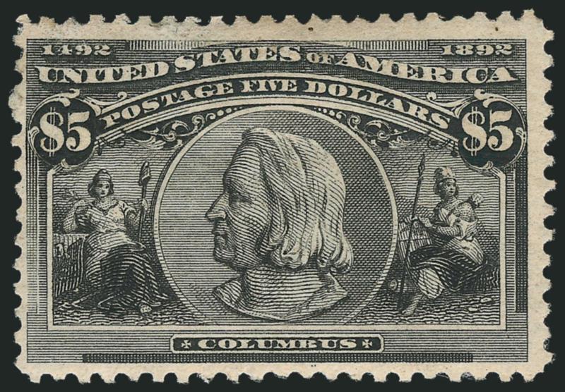 1c-$5.00 Columbian (230-245).> Complete set with extra 5c and 6c, $1.00 and $4.00 values unused (regummed), $5.00 part original gum, $2.00 sweated gum, a few with h.r., few small flaws, appear Fine-Very
Fine