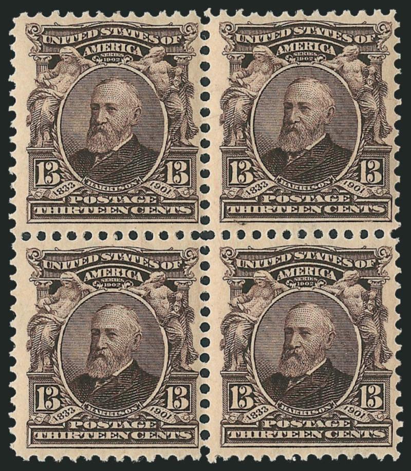 1c-13c 1902-03 Issues (300319).> Blocks of four incl. Mint N.H. Nos. 300-301, 304 (plate no. block of six) and 305, previously hinged blocks of Nos. 302, 308 and 319, couple small flaws incl. crease in one 3c
and small stain, also small stain in 1c,