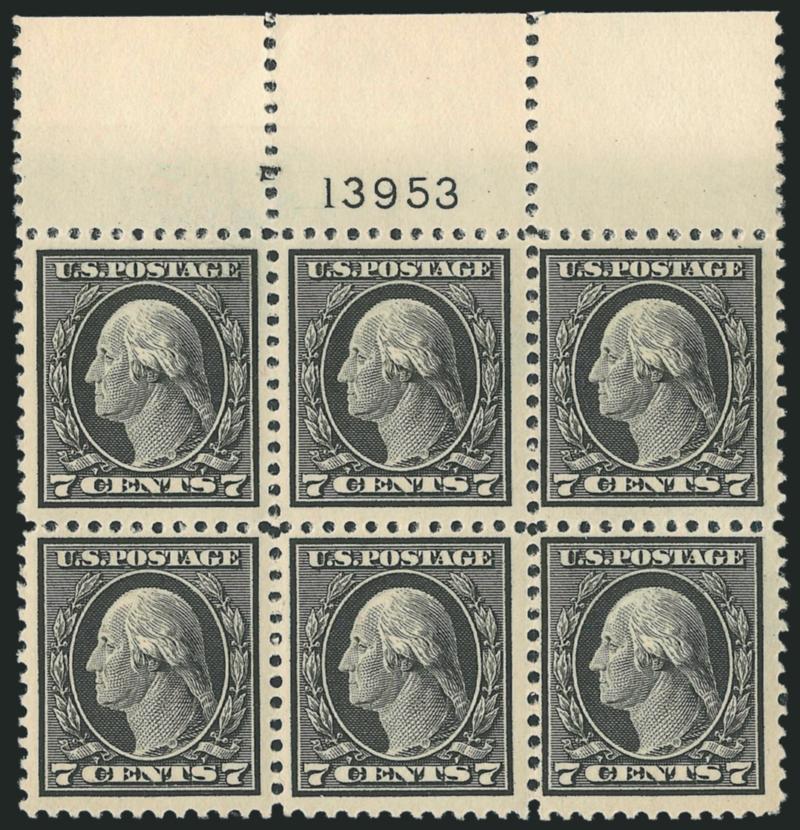3c-7c 1917-19 Issue (502-504, 507).> Mint N.H. top plate no. blocks of six, three with wide selvage, wonderfully fresh, Fine-Very Fine