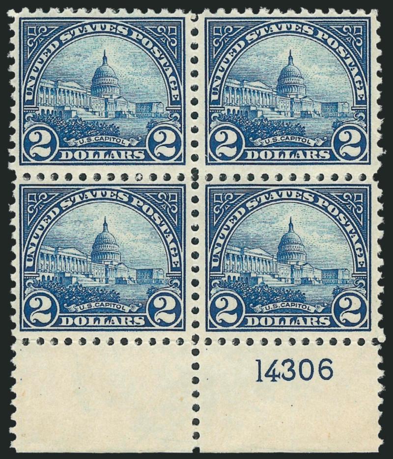 20c-$2.00 1922-25 Issue (567, 569-572).> Blocks of four, incl. extra 20c, all Mint N.H. except two 30c, one 20c and both dollar values with plate no. selvage, couple natural gum skips, Fine-Very
Fine