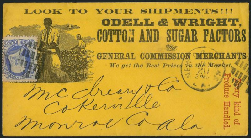 1c Ultramarine (156).> Bright shade, tied by segmented cork cancel and New Orleans La. Jan. 20 2 P.M. duplex datestamp on yellow cover to Cokerville Ala. with <Odell & Wright Cotton and Sugar Factors
illustrated advertisement depicting African-Amer
