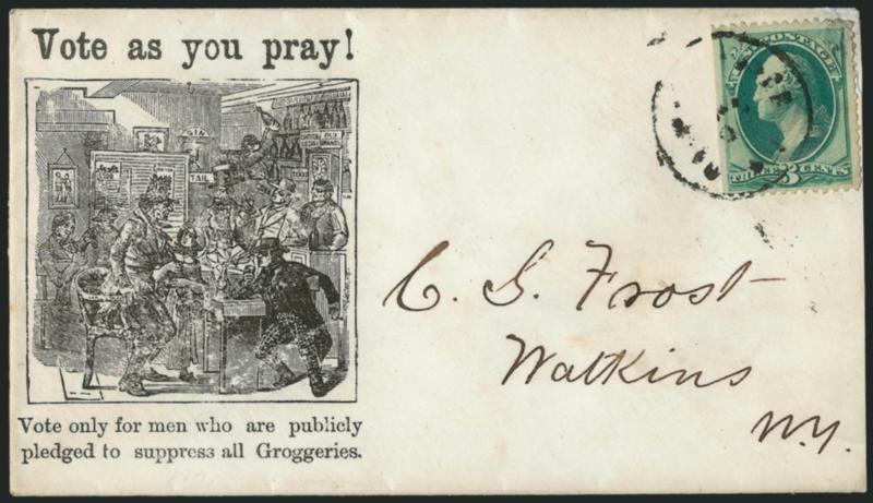 3c Green (158).> S.e. at left, tied by indistinct circular datestamp on cover to Watkins N.Y. with <Vote as you pray! temperance propaganda design>, illustration of drunken debauchery in a bar, caption Vote
only for men who are publicly pledged to