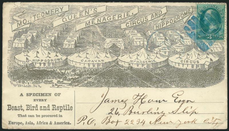 3c Green, Grill (136).> H. Grill, s.e. at left, tied by <blue> 5-bar rectangular grid, faint matching Chicago Ill. circular datestamp on <Montgomery Queens Menagerie, Circus and Hippodrome illustrated circus
cover> to New York City, slightly exagg