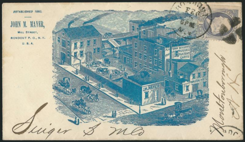 1c Gray Blue (206).> Wide s.e. at left, tied by quartered cork cancel and Rondout N.Y. Feb. 6 6PM duplex datestamp on cover to Moultonborough N.H. with <birds-eye view of J. M. Mayer wagon manufacturing plant
in brilliant blue,> an unusual and well