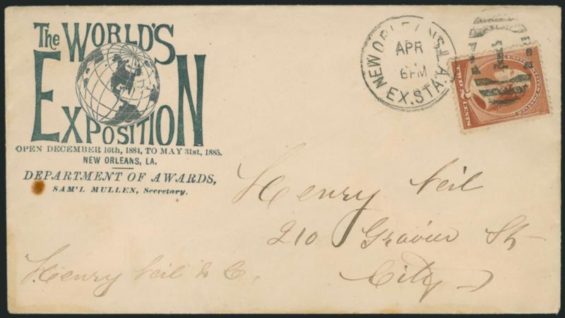 2c Red Brown (210).> Tied by <New Orleans La. Ex. Sta. A. Apr. ? exposition duplex on illustrated Worlds Industrial & Cotton Exposition> cover to local address, small stain spot at left, still Very Fine and
scarce