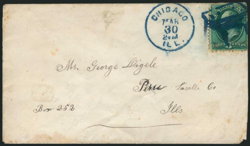 3c Green (158).> Deep shade, tied by bold sharp strike of <blue Pool Table fancy cancel,> matching Chicago Ill. Mar. 30 2PM circular datestamp on cover to Peru Ill., slightly reduced at right, stamp has torn
corner and other faults, cover has small