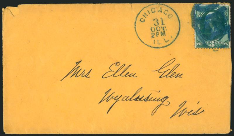 3c Green (158).> Tied by bold strike of <blue GIN Barrel fancy cancel> with matching Chicago Ill. 31 Oct. 2PM circular datestamp on buff cover to Wyalusing Wis., small nick at top left of cover, stamp has
minor corner crease<><>^VERY FINE. THIS