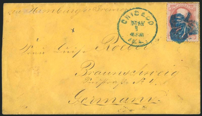 6c Dull Pink (159).> Tied by bold <blue 3-Leaf Clover fancy cancel> with matching Chicago Il.. May 1 4PM circular datestamp on buff cover <to Brunswick, Germany,> red Chicago and German backstamps, stamp has
tiny corner crease and a few toned perfs