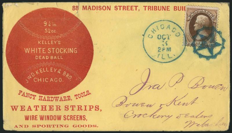 2c Brown (157).> Tied by bold <blue Hollow Star in Serrated Circle fancy cancel> and matching Chicago Ill. Oct. 3 2PM circular datestamp on yellow cover to local addressee with <red illustrated baseball design
for Kelleys White Stocking Dead Ball