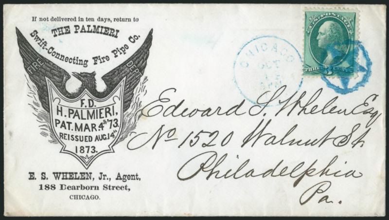 3c Green (158).> Bright shade, tied by <blue Hollow Star in Serrated Circle fancy cancel> and matching Chicago Ill. Oct. 14 6PM circular datestamp on <Palmieri Swift-Connecting Fire Pipe Co. illustrated corner
card> cover to Philadelphia, Phoenix