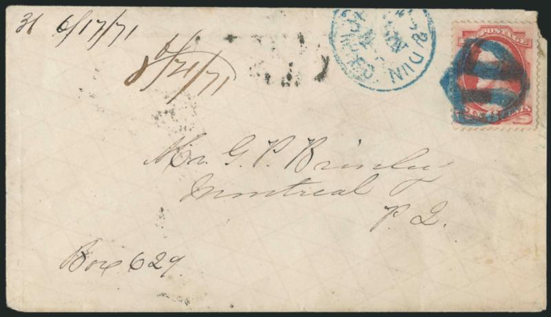 6c Carmine (148).> Beautifully centered, bright color, tied by perfect strike of <blue Shield> fancy cancel with matching <Chicago & Dun(leith) R.P.O. Jun. 14> circular datestamp on cover <to Montreal,
Canada,> 1871 receiving backstamp, small nick