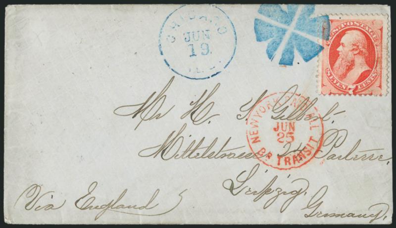 7c Vermilion, Grill (138).> H. Grill, perfs in at bottom but a remarkably strong grill impression and vivid color, just tied at corner (face-free) by bold <blue circle of Vs> cancel with matching Chicago Ill.
Jun. 19 circular datestamp on cover <t