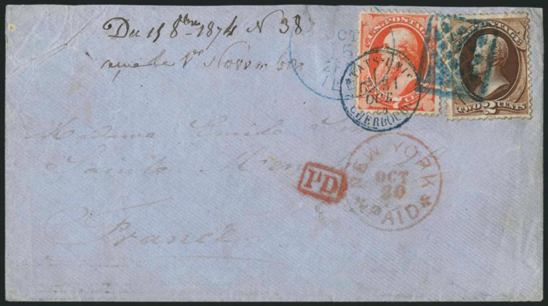 2c Brown, 7c Orange Vermilion (157, 160).> 2c tiny tear, tied by <blue Square of Diamonds in Box fancy cancel> and matching Chicago Ill. Oct. 15 2PM circular datestamp on blue cover <to Saint Mer Eglise,
France,> red New York transit datestamp and