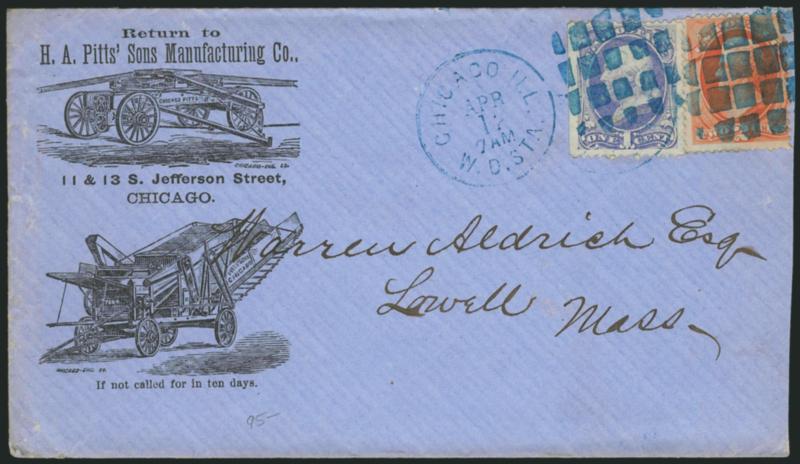 1c Ultramarine, 2c Vermilion (156, 178).> 1c s.e. at left, tied by well-struck <blue segmented square grid> cancel, matching Chicago Ill. Apr. 12 circular datestamp on blue <farm equipment manufacturers
illustrated corner card> cover to Lowell Mas