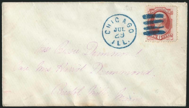6c Carmine, Grill (137).> H. Grill, wide margins, deep shade, strong grill, tied by clear strike of <blue 4-bar square grid> cancel, matching Chicago Ill. Jul. 29 circular datestamps on cover to Bristol Mills
Me., Extremely Fine, one of the finest