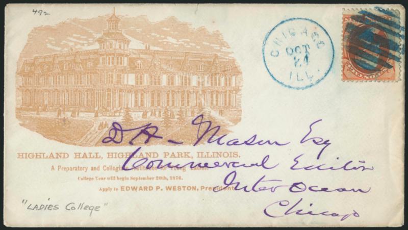 2c Vermilion (178).> Small corner crease, tied by bold <blue large 7-bar grid> cancel, matching Chicago Ill. Oct. 24 circular datestamp on cover to local addressee with beautiful ighland Hall illustrated
college building design,> Very Fine
