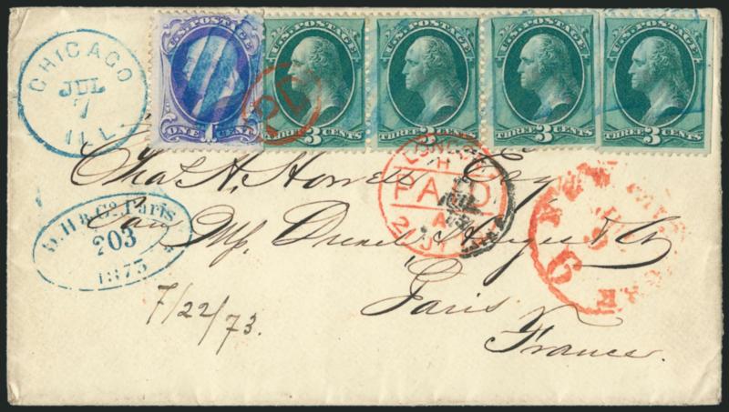 1c Ultramarine, 3c Green, Grill (134, 136).> H. Grill, 3c horizontal strip of three and single (two with s.e.), tied by lightly struck large <blue 5-bar square grid> cancels with matching Chicago Ill. Jul. 7
(1873) circular datestamp on cover <to P