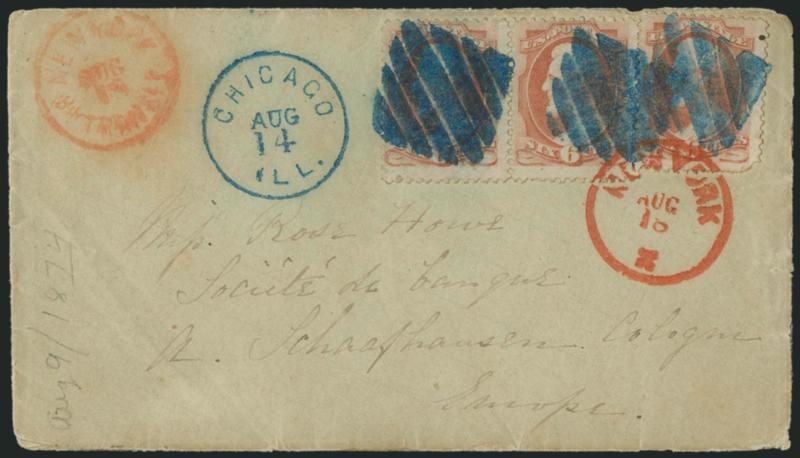 6c Dull Pink (159).> Pair and single, tied by three bold strikes of <blue 7-bar square grid> cancel, matching Chicago Ill. Aug. 14 (1874) circular datestamp on cover <to Cologne, Germany,> two different red
New York transit datestamps, receiving ba