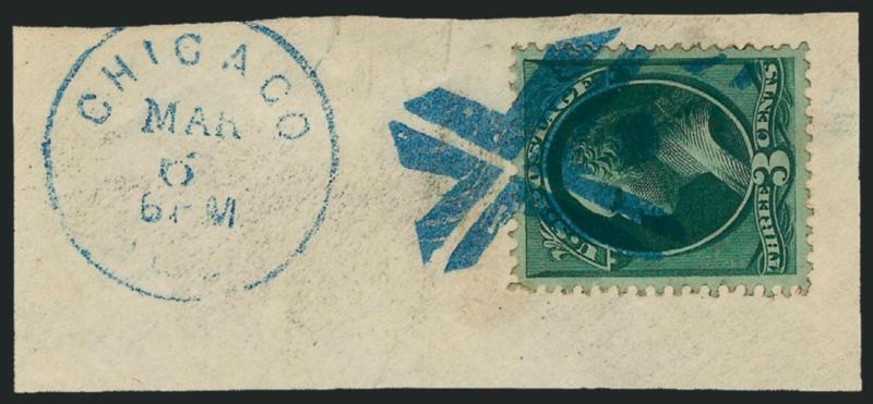 Chicago Blues Cancellations.> Two exhibit pages (ex Barwis) with 17 examples of 3c 1870-73 Issue with Chicago Blues cancels incl. one cover (Star in Pentagram), eleven pieces with datestamp, others off cover
incl. strip of three, designs incl. gr