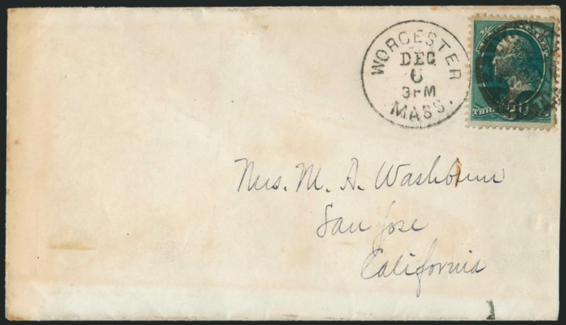 3c Green (184).> Well-centered, tied by <negative North-South Handshake fancy cancel> and Worcester Mass. Dec. 6 3PM circular datestamp on cover to San Jose Cal., slightly reduced at right, still Very Fine, a
sharp and almost complete strike of thi