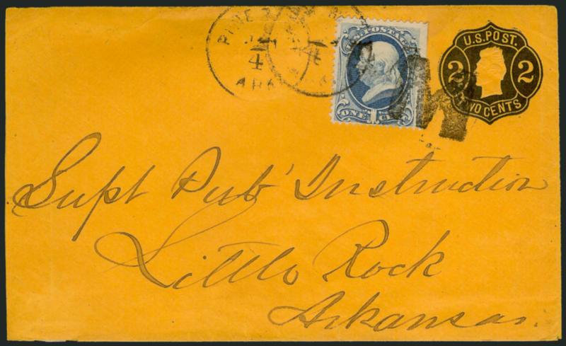 1c Ultramarine (156).> Tied by large <M initial cancel> and Pine Bluff Ark. Jan. 4 circular datestamp on <2c Black Jack entire (U52)> to Little Rock Ark., Very Fine, scarce combination of stamp and envelope,
especially desirable with M fancy ca