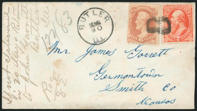 6c Dull Pink, 7c Orange Vermilion (159, 160).> Bright colors, tied by  of Butler initial cancel,> Butler Ill. Mar. 30 circular datestamp on <registered> cover addressed in blue to Germantown Kan., 6c few short
perfs, Very Fine, an extremely att