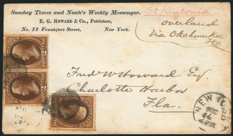 2c Dark Red Brown, Ribbed Paper (157 var).> Three, one with s.e., intense shade and prominent ribbing, tied by cork cancels with duplex New York Dec. 16 4P.M. datestamp on Sunday Times and Noahs Weekly
Messenger corner card cover addressed to Fr