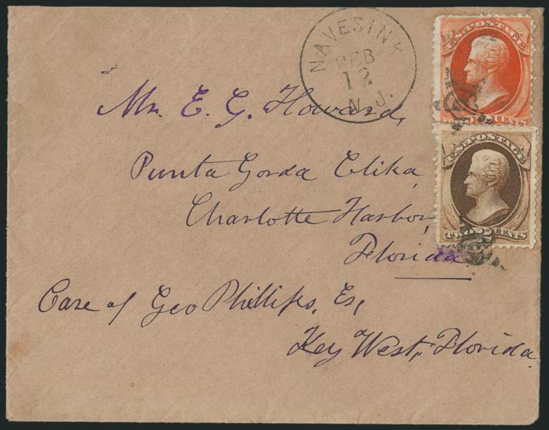 2c Brown, 2c Vermilion (157, 178).> Both issues used together, each tied by unusual Star fancy cancel, Navesink N.J. Feb. 12 circular datestamp on brown cover to Punta Gorda in Charlotte Harbor, Florida,
addressed to one of the Howards who settled