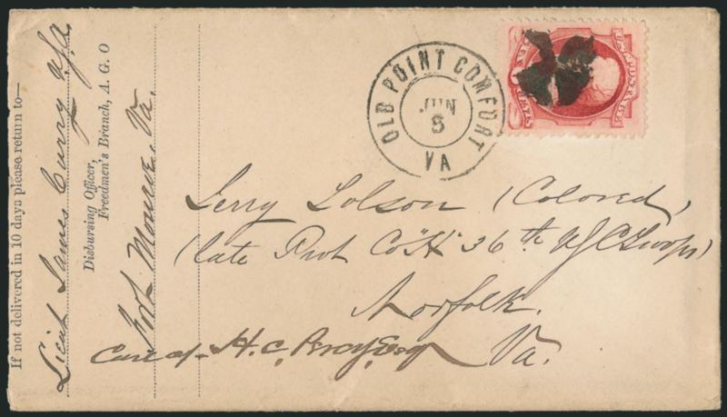 6c Carmine (148).> Choice centering, rich color, cancelled by small circle of wedges and Old Point Comfort Va. Jun. 5 double-circle datestamp on cover <from Disbursing Officer of the Freedmans Branch to Jerry
Tolson (Colored) (late Prvt Co. H 3