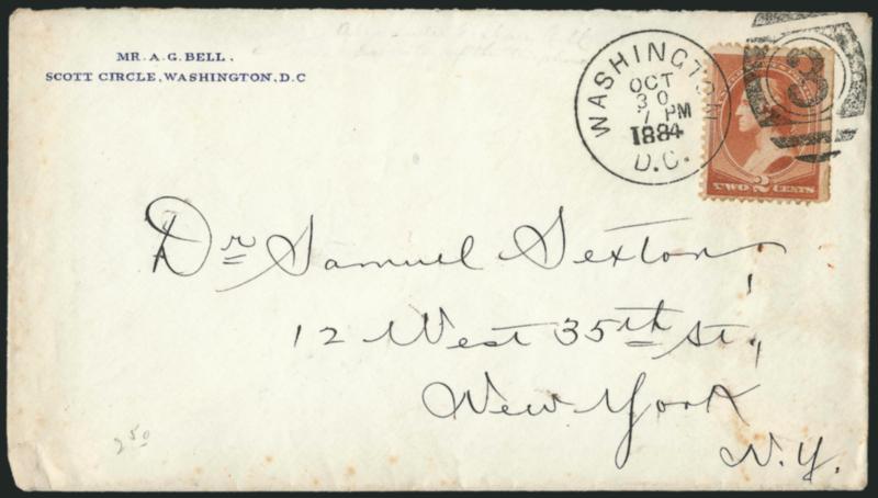 2c Red Brown (210).> S.e. at right, tied by Washington D.C. Oct. 30 7PM 1884 duplex datestamp and numeral grid on <Alexander Graham Bell corner card cover addressed in his hand to Dr. Samuel Sexton> in New
York City, Very Fine, Dr. Sexton was a lea