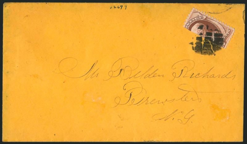 2c Red Brown, Vertical Half Used as 1c (146b).> Right vertical half well-tied across the cut by segmented cork cancel on buff cover locally addressed to Brewster N.Y., slightly reduced at right, Very Fine
drop-rate bisect use, the 2c 1870 bisected an