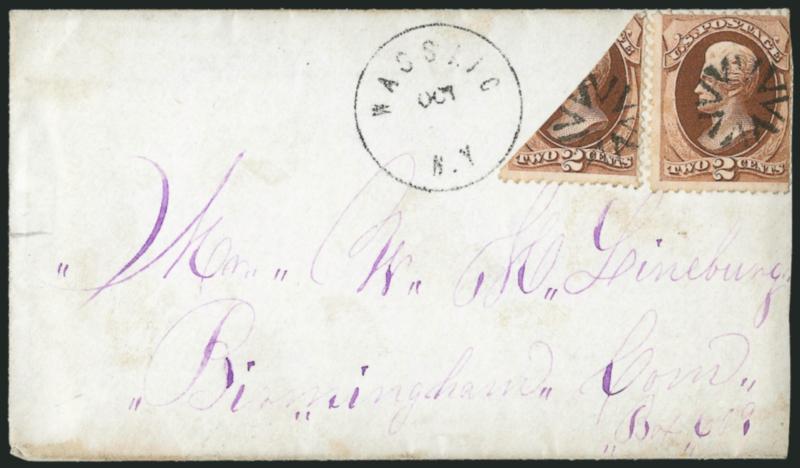 2c Red Brown, Diagonal Half Used as 1c (146a).> Used with single, cancelled by neat strike of small circle of Vs fancy cancel, Wassaic N.Y. Oct. circular datestamp on cover addressed in violet to Birmingham
Conn., slightly reduced at right affecti