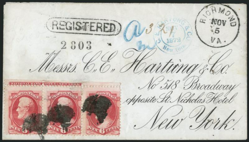 6c Carmine (148).> Horizontal strip of three with <full National Bank Note Co. New York imprint> in top sheet selvage, rich color, slight crease in selvage only, tied by cork cancels, Richmond Va. Nov. 5
(1872) circular datestamp and <Registered