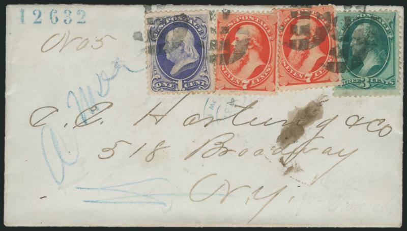 1c Ultramarine, 3c Green, 7c Vermilion (145, 147, 149).> Two 7c (one shows a few grill points), tied by segmented cork cancels on <registered> cover to C. E. Hartung (hair and wig dealers) in New York City,
docketing on back indicates origin at Clint