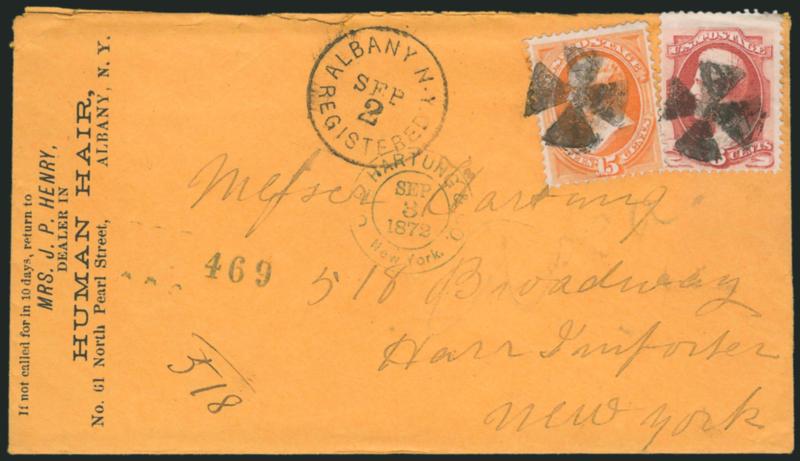 6c Carmine, 15c Bright Orange (148, 152).> Bright colors, tied by well-struck <Maltese Cross> cancels, Albany N.Y. Registered Sep. 2 circular datestamp on orange 1872 <registered> cover to C. E. Hartung in New
York City, human hair dealers corner