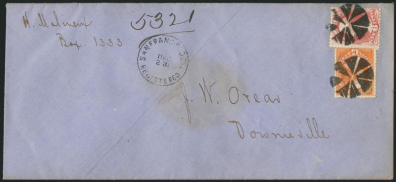 6c Carmine, 15c Bright Orange (148, 152).> Bright colors, 6c faint crease, tied by bold circle of wedges cancels, <San Francisco Cal. Registered Dec. 23> circular datestamp on blue legal-size cover to
Downieville Cal., Very Fine appearance, scarce