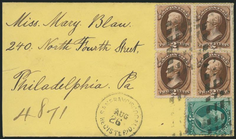 2c Brown, 3c Green (157, 158).> 2c block of four, tied by segmented cork cancels, <San Francisco Cal. Registered Aug. 26> circular datestamp on registered yellow cover to Philadelphia, slightly reduced and
small tear at left, still Very Fine, scarc