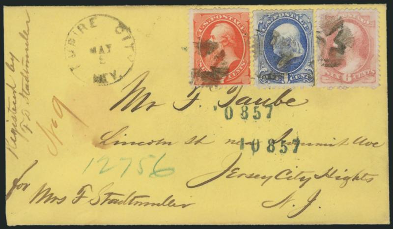 1c Ultramarine, 6c Dull Pink, 7c Orange Vermilion (156, 159, 160).> Tied by quartered cork cancels, Empire City Nev. May 8 circular datestamp on yellow <registered> cover to Jersey City N.J., various ms.
registry markings, barely reduced at left, V