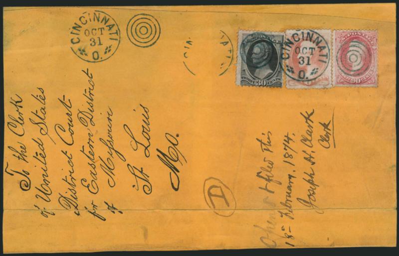 90c Carmine (155).> Used with <30c Black (154) and 6c Dull Pink (159),> cancelled by blue targets and also by matching Cincinnati O. Oct. 31 circular datestamp on reduced courthouse cover to St. Louis Mo.,
Feb. 1874 docketing, 90c stamp faded, some