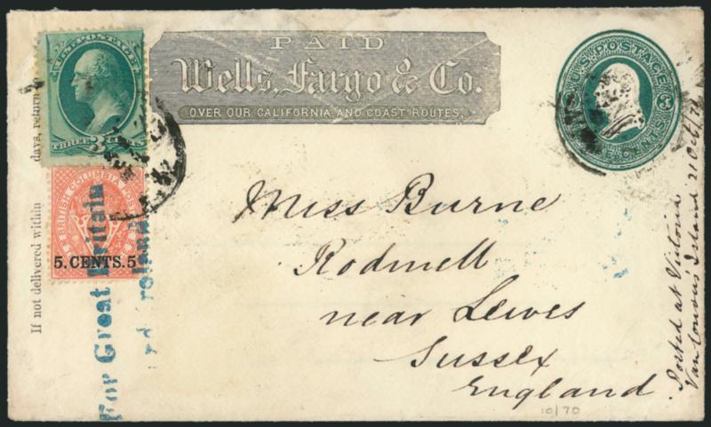 3c Green (147).> Bright shade, used with ritish Columbia 1869 5c on 3p Bright Red (9),> 5c tied by blue For Great Britainand Ireland two-line handstamp applied by Wells Fargo & Co., both stamps tied by smudged
San Francisco circular datestamp on