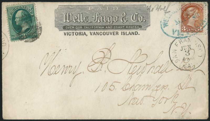 3c Green (184).> Tied by cork grid cancel with duplex San Francisco Cal. Jun. 3 4 AM datestamp struck off edge at left and fully at right, used with <Canada 1872 3c Dull Red (37),> tied by blue <Wells, Fargo &
Co. Victoria May 30> oval datestamp