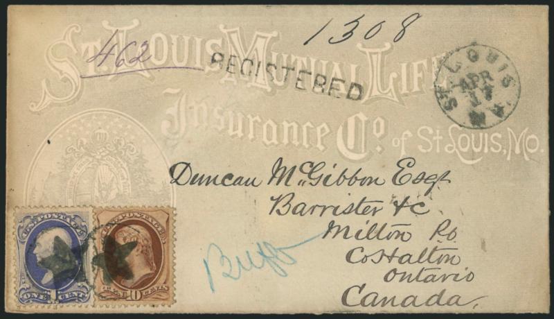 10c Brown (150).> Used with 1c Ultramarine (145), cancelled by <Star in Circle> fancy cancels, St. Louis Mo. Apr. 17 (1872) circular datestamp on <all-over Mutual Life Insurance illustrated> registered cover
<to Milton, Canada,> ms. registry nos.,