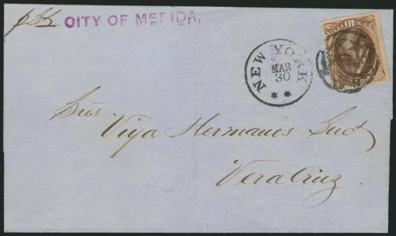 10c Brown (161).> Tied by unusually clear strike of <New York Foreign Mail Fouled Anchor in Circle> cancel (Weiss RE-E4), New York Mar. 30 circular datestamp on blue 1875 folded cover <to Vera Cruz, Mexico,>
purple City of Merida ship designation