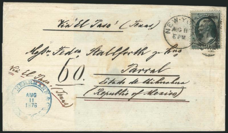 30c Gray Black (165).> Tied by New-York Aug. 11 6PM duplex datestamp and numeral grid on folded cover <to Parral, Mexico,> senders blue datestamp and ms. <<Via El Paso (Texas)>> route directive written twice,
stamp has a few tiny rubbed spots, s